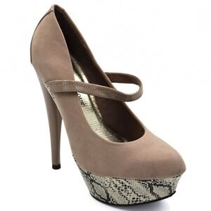 JustFab Taleen Platform Pumps Women 8 Taupe Snakeskin Mary Jane Stiletto Heels